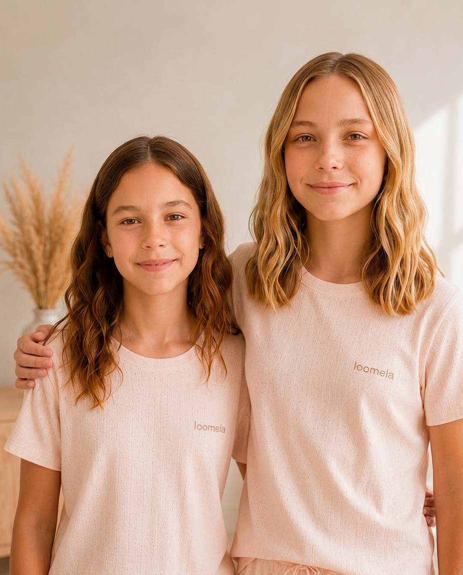 Two girls in loomela pointelle pajamas